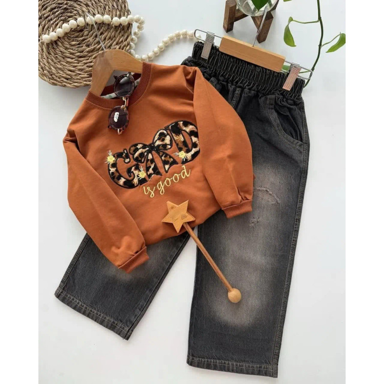 ست بلوز و شلوار جین دخترانه پاپیون پلنگی طرح تیکه دوزی و گلدوزی شده مناسب 3 تا 11 سال