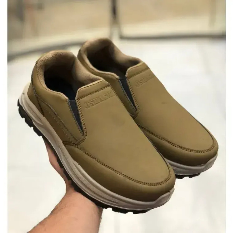 کفش چرم مردانه بی بند صبا زیتونی رویه چرم وارداتی زیره پیو طبی